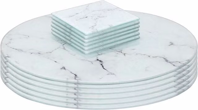 Harbour Housewares 12 Piece White Marble Effect Round Glass Placemats and Square Coasters Set