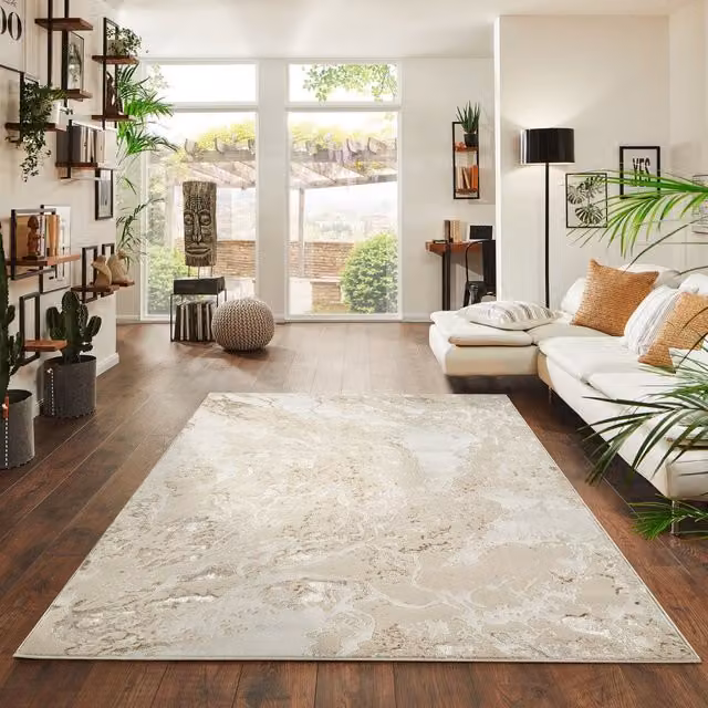 Modern Emperor Thick Abstract Area Rug in Picasso Beige and Yellow, W: 120 cm