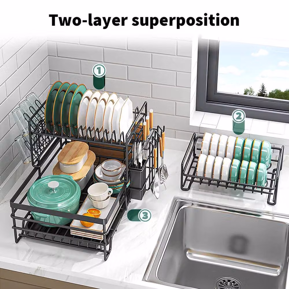 PAWNORA 3 Tier Metal Kitchen Dish Drainer Rack with Drip Tray and Cutlery Holder, Black – 6