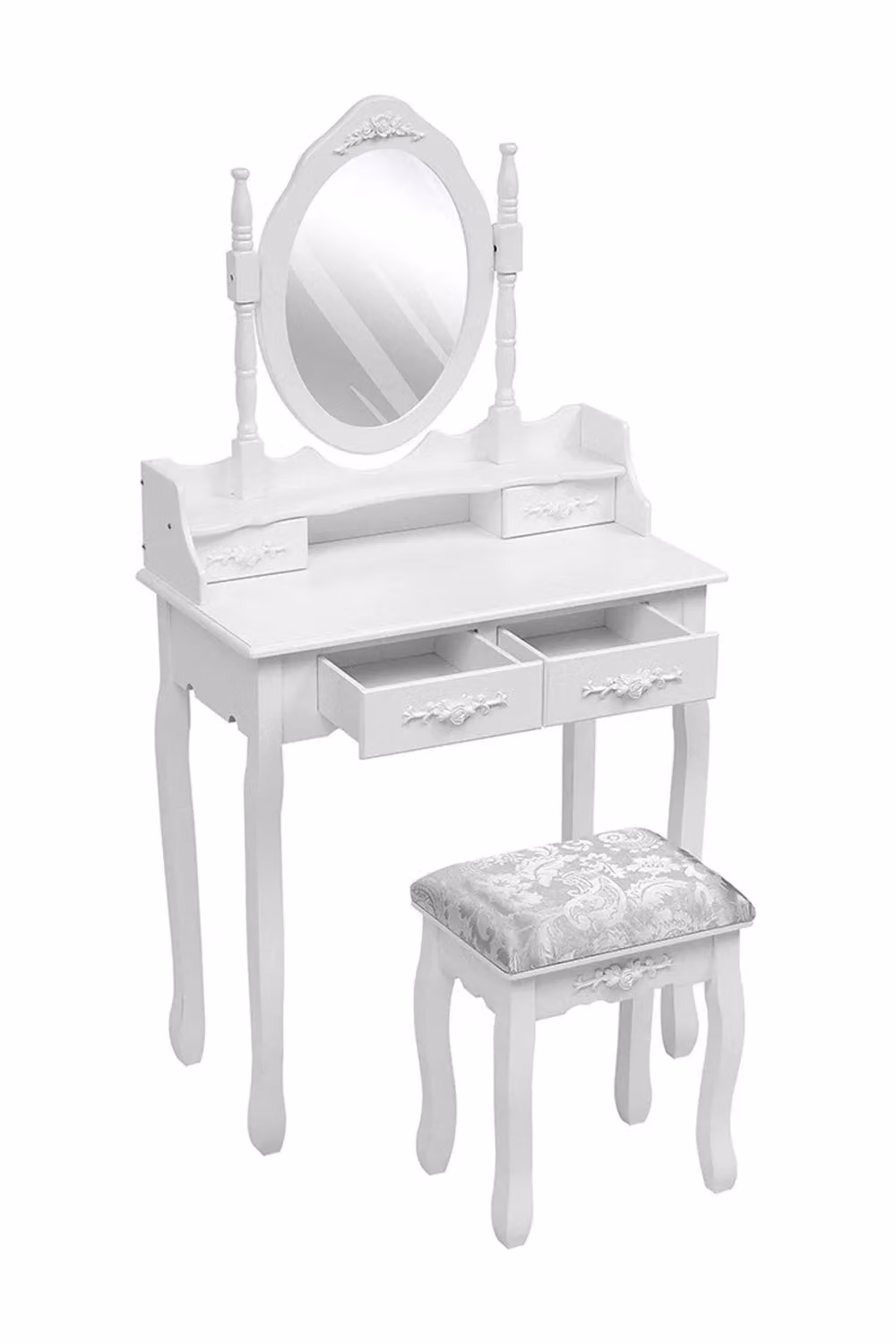 H&O Direct White Lacquered 4 Drawer Dressing Table with Mirror and Stool Set – 2