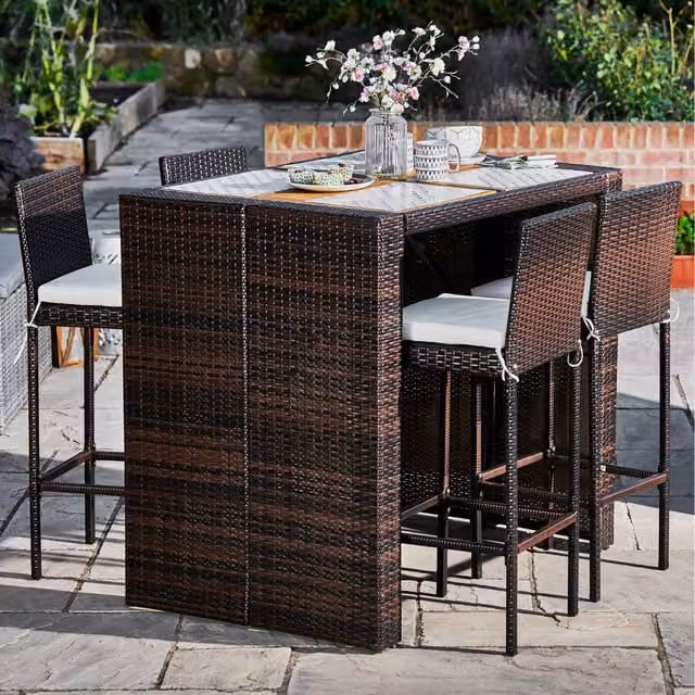 Teamson Home 5 Piece Brown and Beige Rattan High Bar Dining Set with Acacia Wood and Metal Frame
