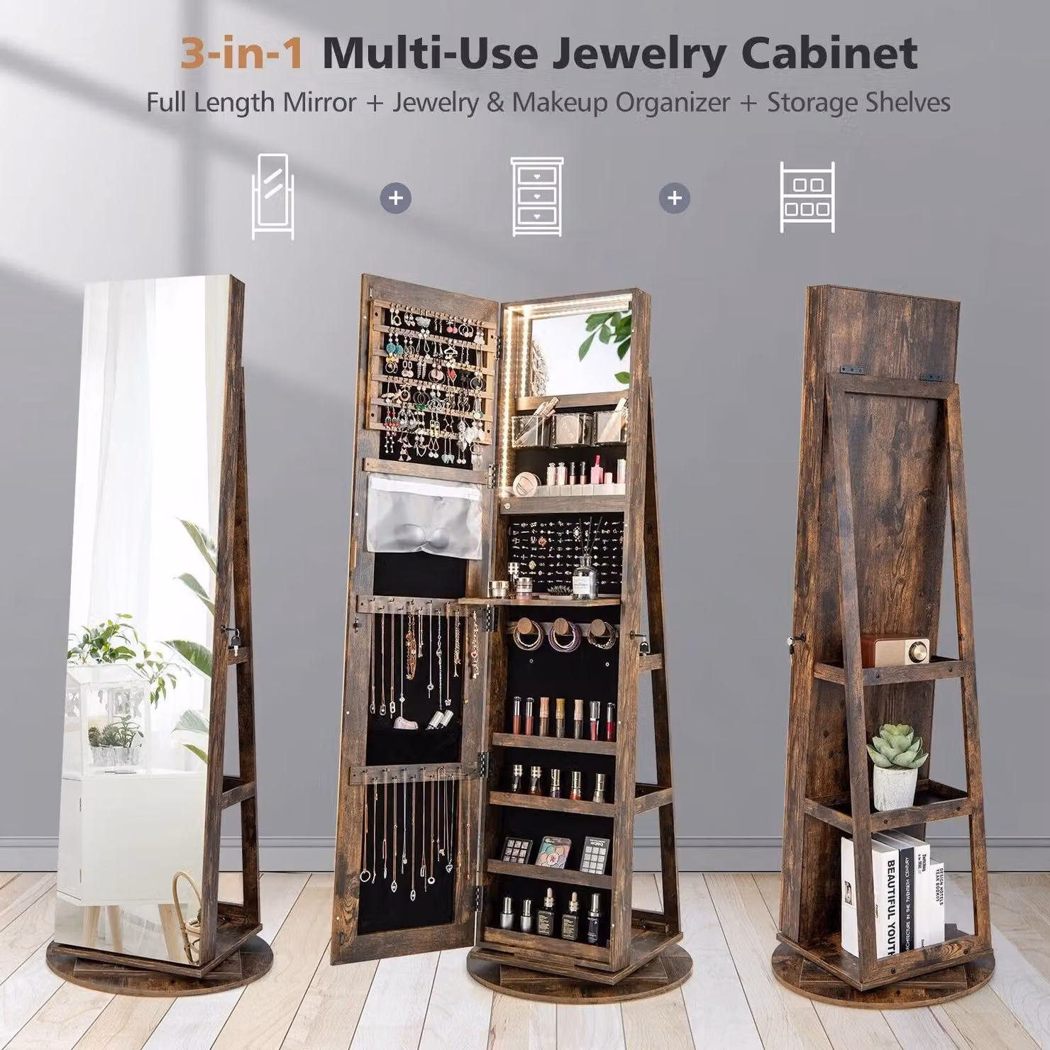 Costway Rotating Freestanding Jewelry Armoire with Full Length Mirror and LED Lighting in Brown – 4