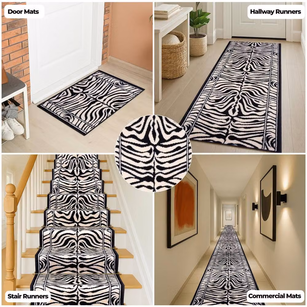 Bravich LTD Zebra Print Non-Slip Hallway Runner Rug, Black and Multicolour, W: 60 cm, L: 300 cm – 6