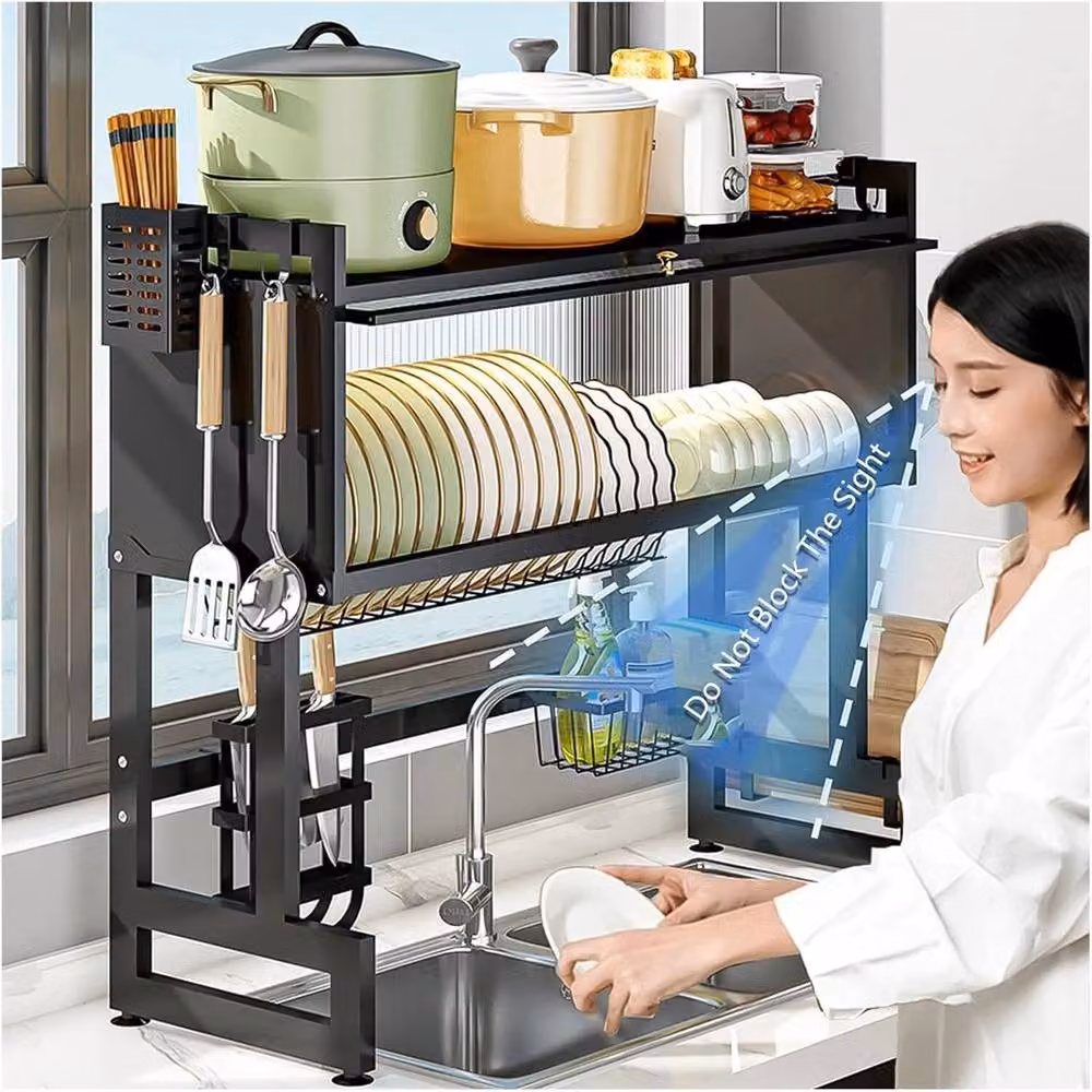 FORGEVIO Black Over Sink Dish Drainer Rack with Cutlery Holder and Drip Tray – 4