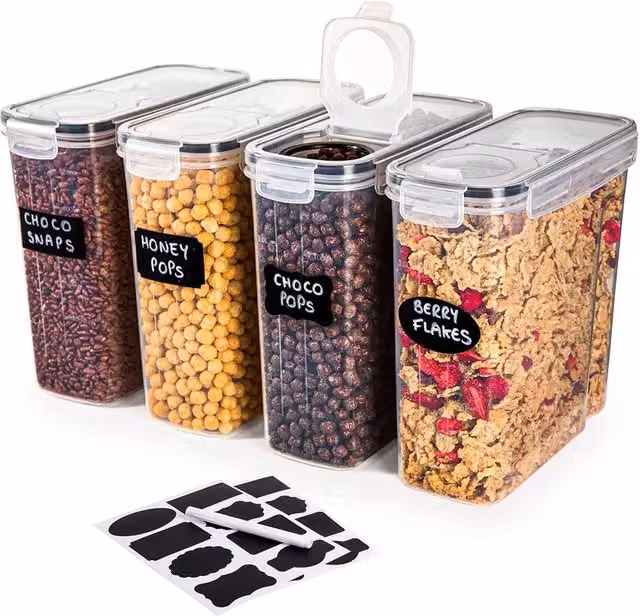 Havendro Set of 4 Airtight and Leakproof Cereal Food Storage Containers, Clear Plastic, BPA Free