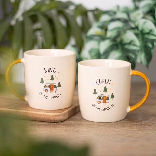 Uniqueful Camping King and Queen Couples Ceramic Mug Set, Multicolour, 400ml per mug