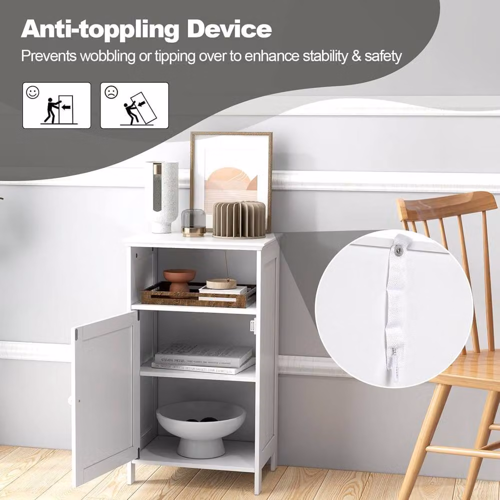 Gymax Modern White Lacquered Freestanding Bathroom Floor Cabinet with Adjustable Internal Shelves and Hinged Doors – 3