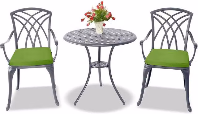 Centurion Supports OSHOWA Cast Aluminium Garden Bistro Set with Table and 2 Armchairs in Grey with Green Cushions – 1