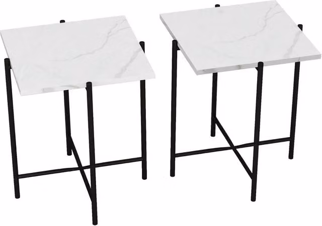 Havendro Set of 2 White Square Marble Effect Coffee Tables with Metal Frame