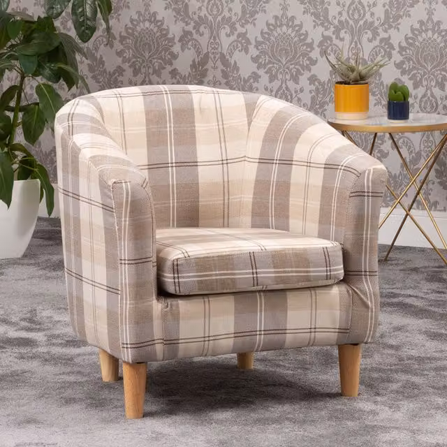 Artemis Home Medford Checked Tub Chair in Beige with Armrests and Solid Wood Frame
