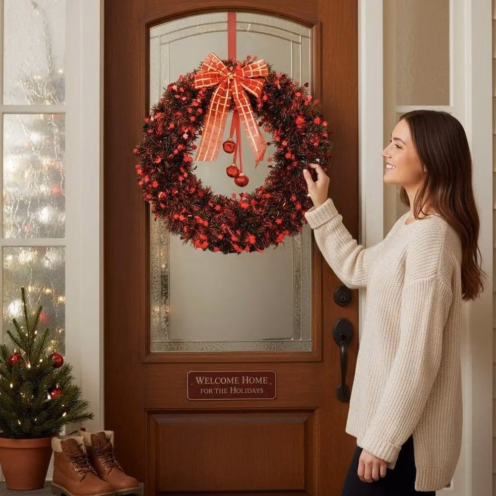 FLAVORA Christmas Tinsel Wreath in Red, Gold and Green with Star Decorations, Round Hanging Ornament – 3