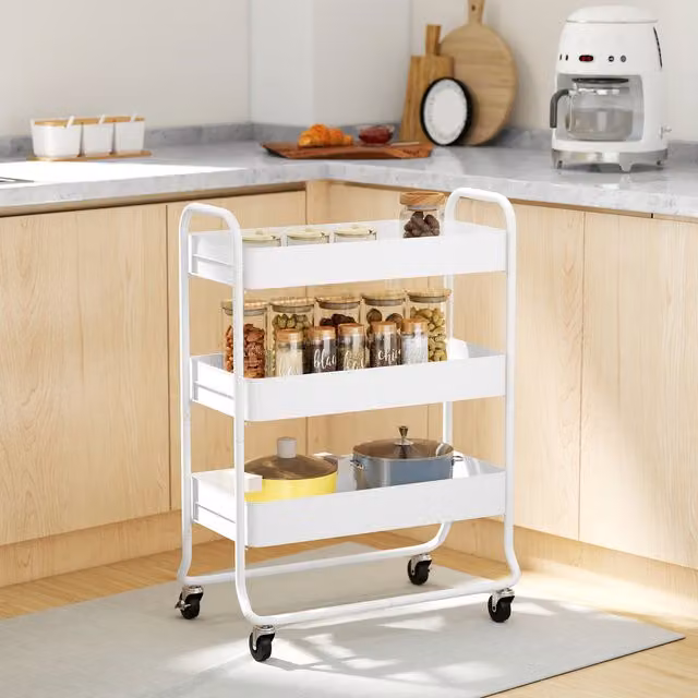 HOMCOM 3-Tier Metal Storage Trolley with Mesh Baskets in White
