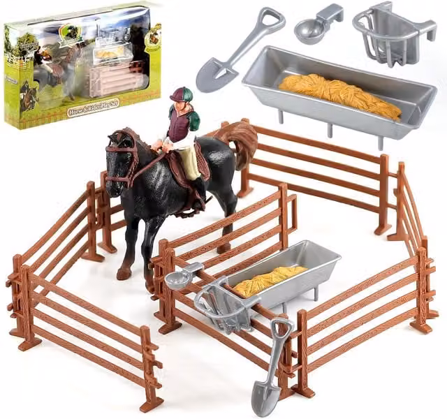 The Magic Toy Shop Farm Horse and Rider Playset with 14 Pieces, Brown