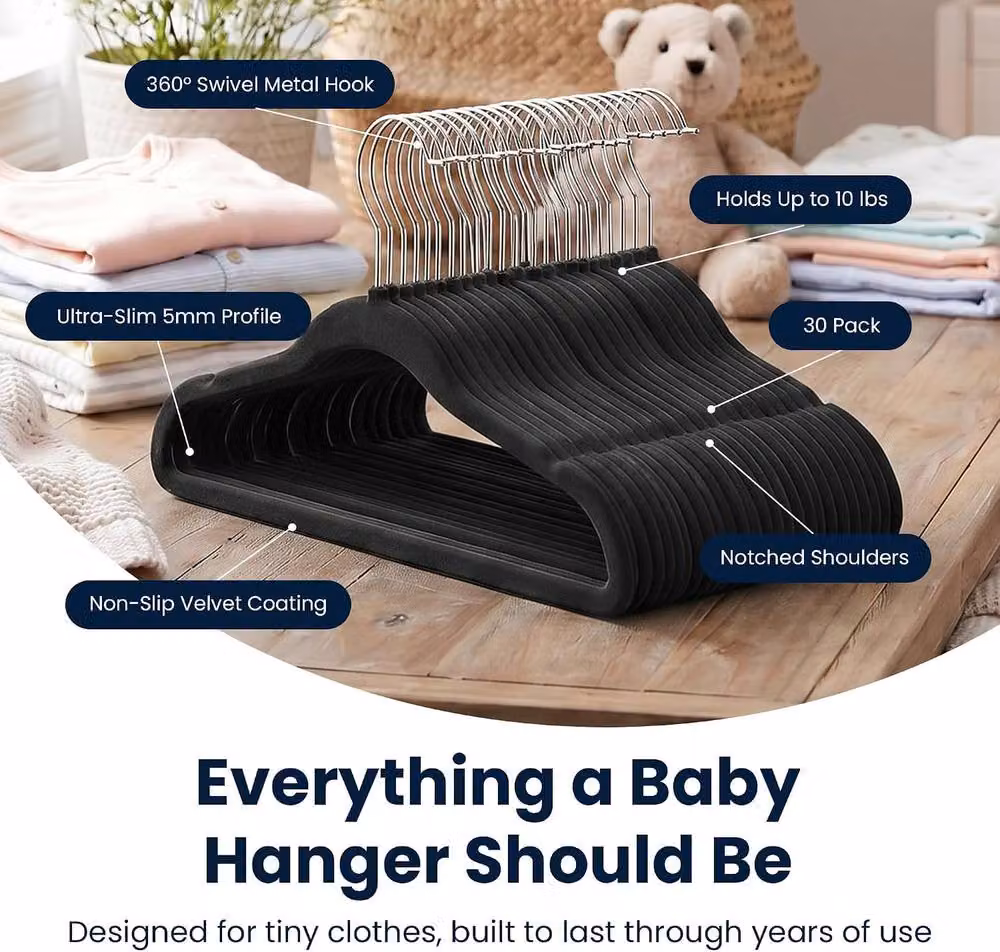 Sasha Morel Black Velvet Baby Clothes Hangers with Swivel Hooks, 30 Pack – 6