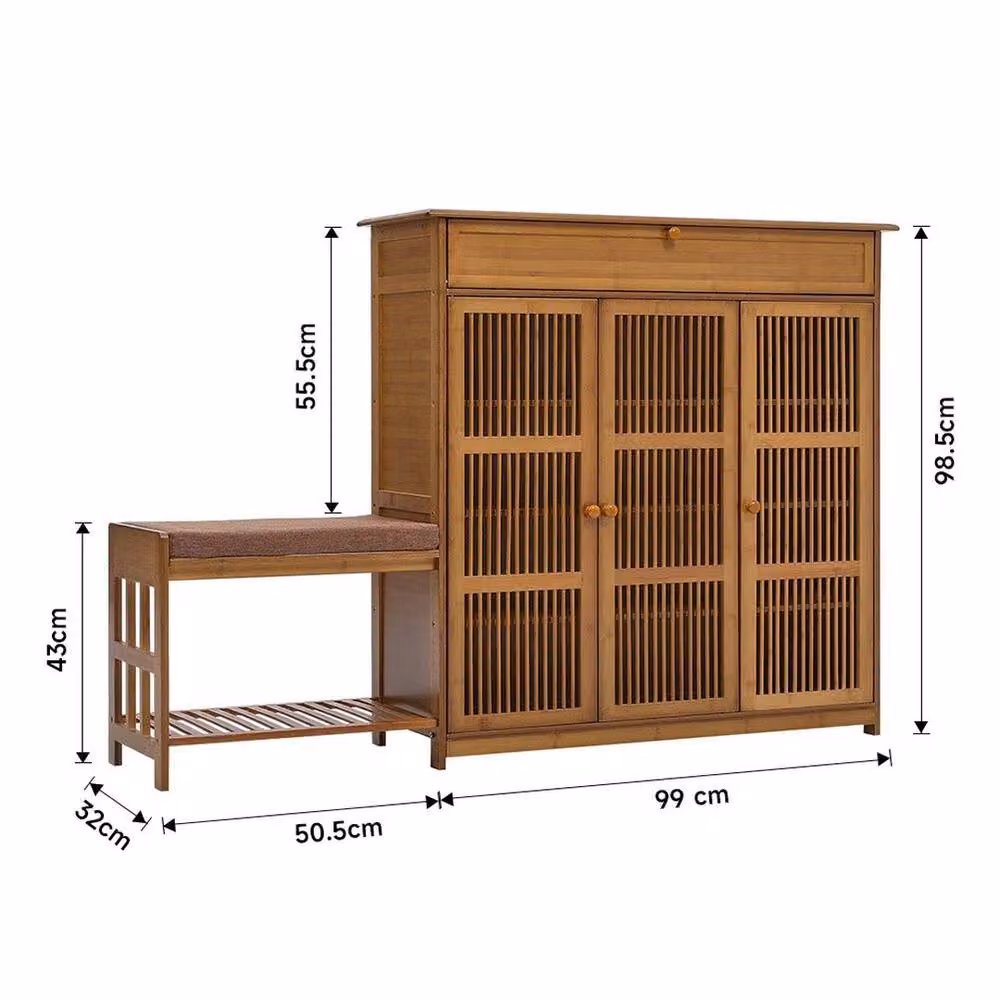 KORVIXA Bamboo Wood Large Shoe Storage Bench Cabinet Organizer in Brown W/D/H: 100 x 100 x 100 cm – 2