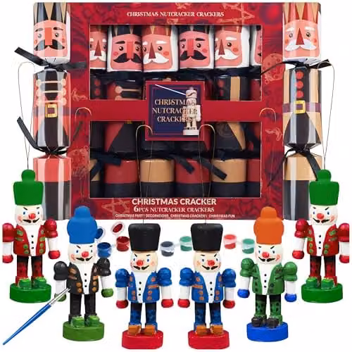 KreativeKraft 6 Pack Luxury Christmas Crackers with Paint Your Own Nutcracker Decorations in Red and Multicolour – 1