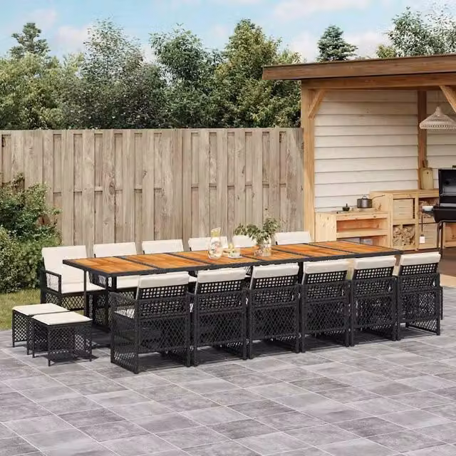 Berkfield Home 17 Piece Garden Dining Set with Black Poly Rattan and Cushions