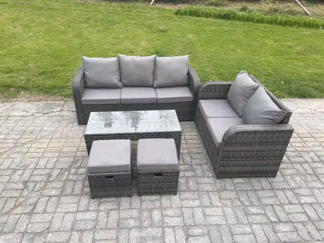 Fimous 7 Seater Outdoor Rattan Garden Furniture Set with Patio Lounge Sofa and Rectangular Coffee Table in Dark Grey