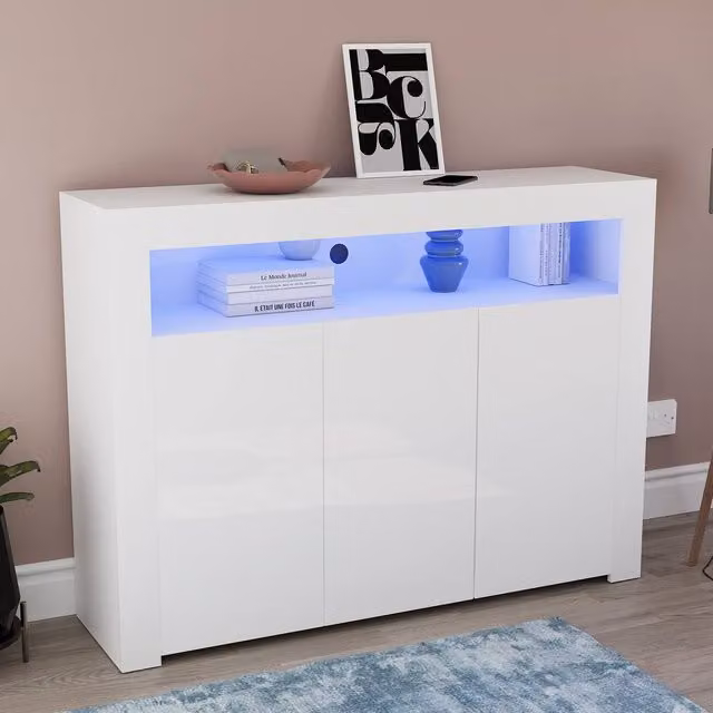 HD Designs Nova 3 Door LED Sideboard Cabinet in White, W/D/H: 130 x 97 x 35 cm