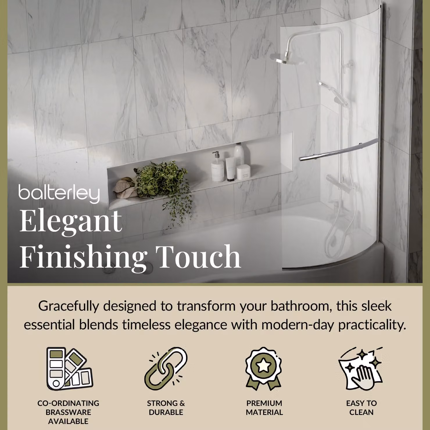 Balterley Curved Reversible B Bath Screen with 6mm Toughened Safety Glass in Silver and Chrome – 2