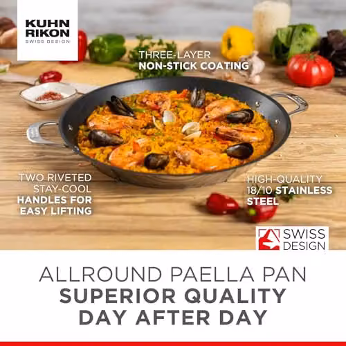 Kuhn Rikon Allround Non-Stick Stainless Steel Paella Pan, Silver, Diameter: 28 cm – 5