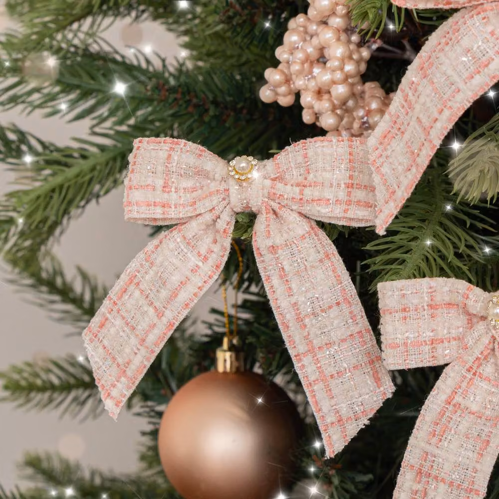 Melody Maison Set of 6 Small Pink Tartan Boucle Jewelled Christmas Bow Hanging Decorations in Baby Pink and White – 2