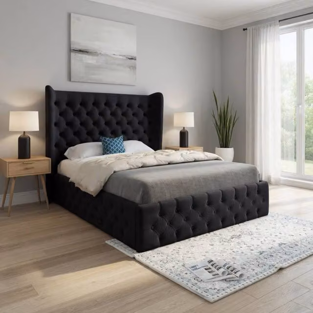 KDMD Lawford Wide Winged Upholstered Designer Bed Frame in Black Soft Velvet, Small Single – 1