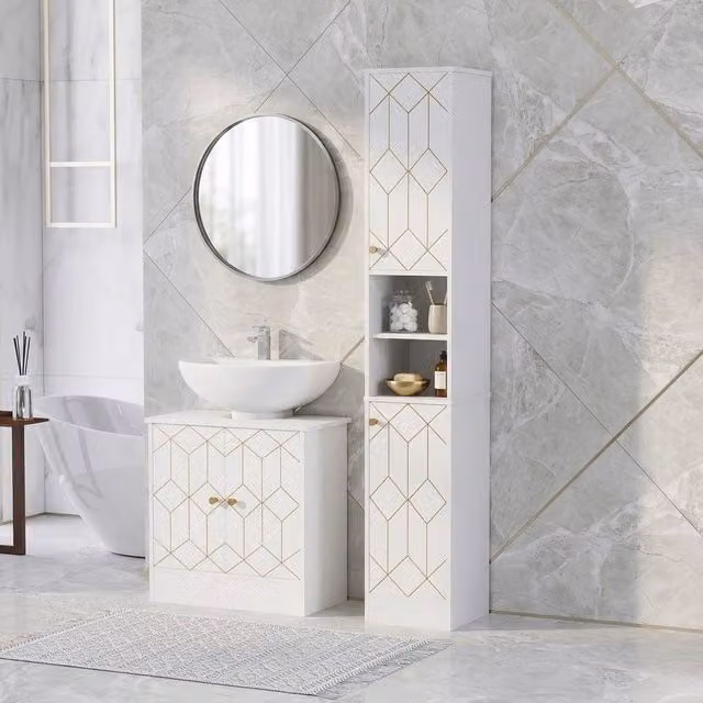 STILVORA Modern White and Gold Freestanding Bathroom Storage Cabinet with LED Lighting and Internal Shelves