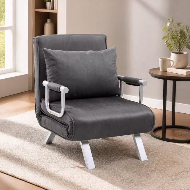 STILVORA 4-in-1 Grey Microfibre Chair Bed with Adjustable Back and Metal Frame – 1