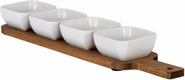 KDMD Acacia Wood Rectangular Serving Board with Four Brown Ceramic Bowls