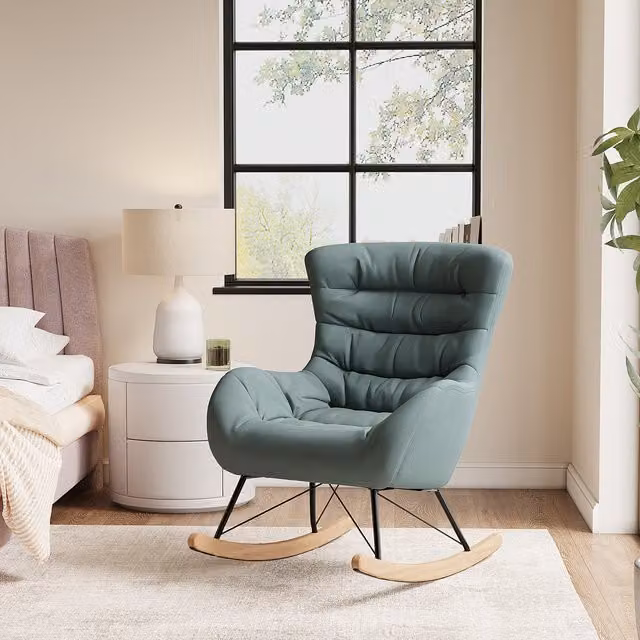 Livingandhome Scandinavian Fabric Rocking Chair with Solid Wood Frame in Blue and Green