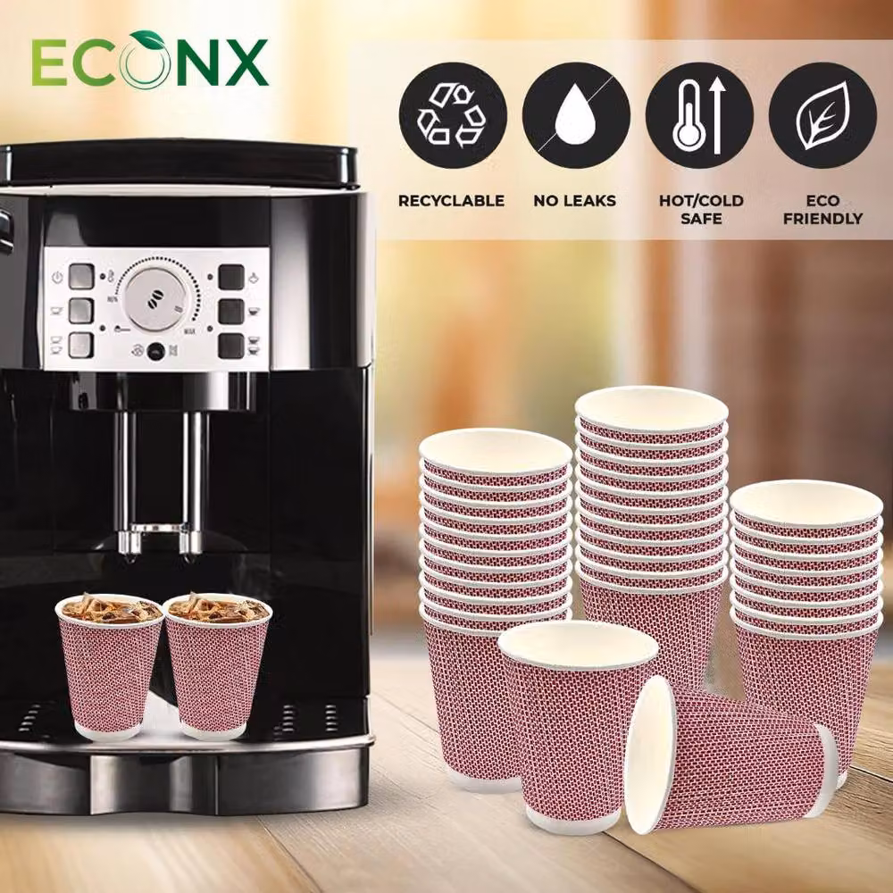 ECONX 50 Pack Red 12oz Disposable 3PLY Kraft Ripple Paper Coffee Cups – 5