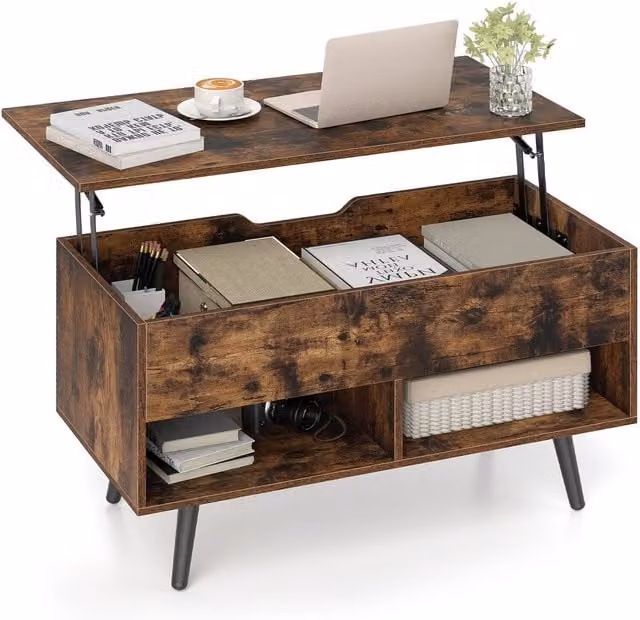 COSTWAY Mid-Century Brown Lift Top Accent Table with Metal Legs