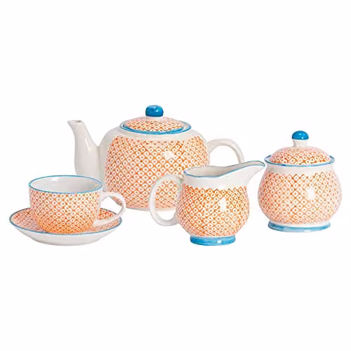 Nicola Spring 15 Piece Ceramic Tea Set in Orange with Floral Pattern – 1
