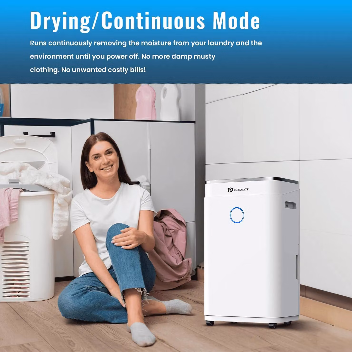PureMate White Portable Compact Dehumidifier with 20L/Day Capacity, Continuous Drainage and 24-Hour Timer – 2