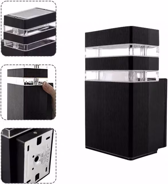 VOGREX Modern Black Rectangular Outdoor LED Up Down Wall Light with Transparent Glass