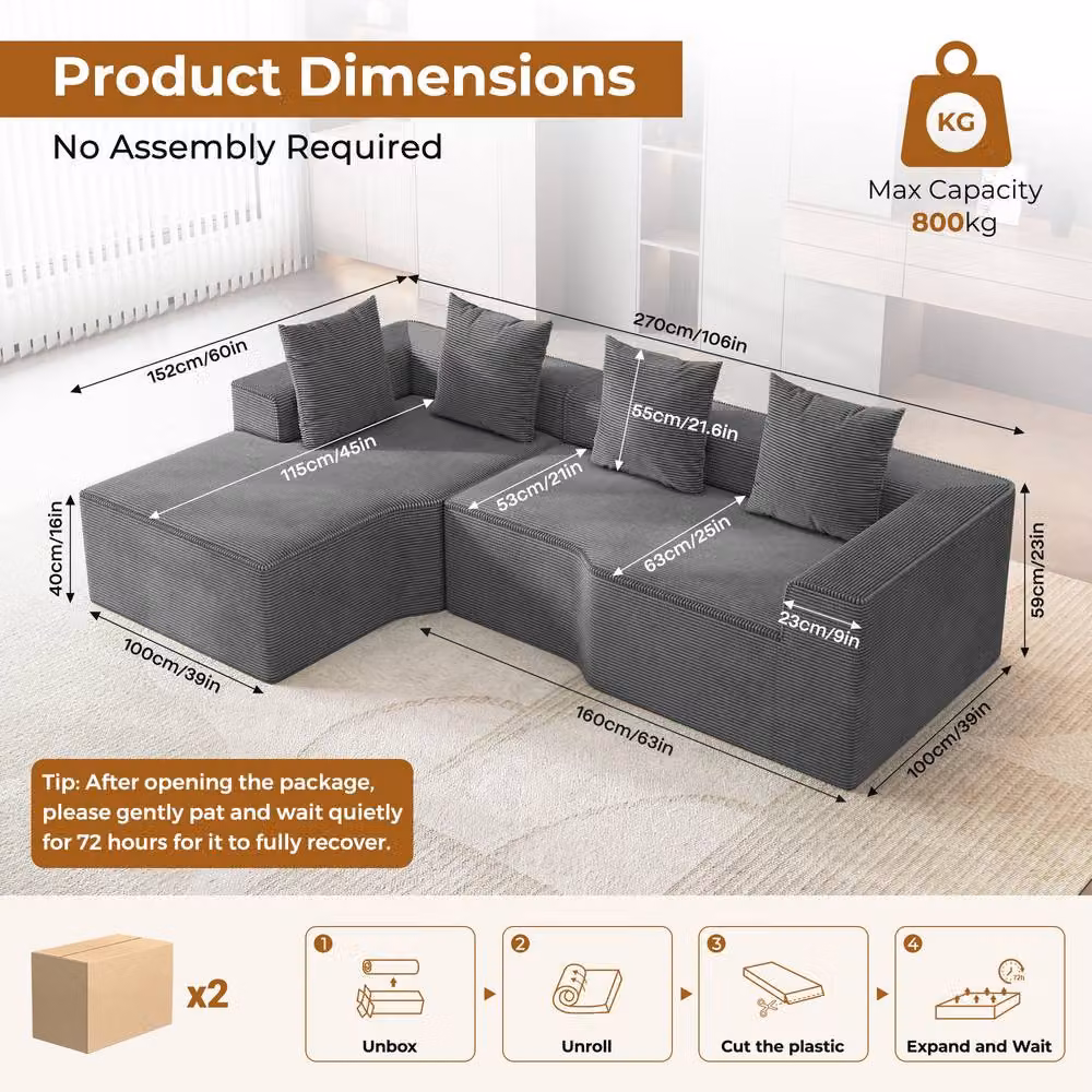 Dprodo Grey Corduroy Left-Facing L-Shaped Modular Sofa with Scatter Cushions – 5