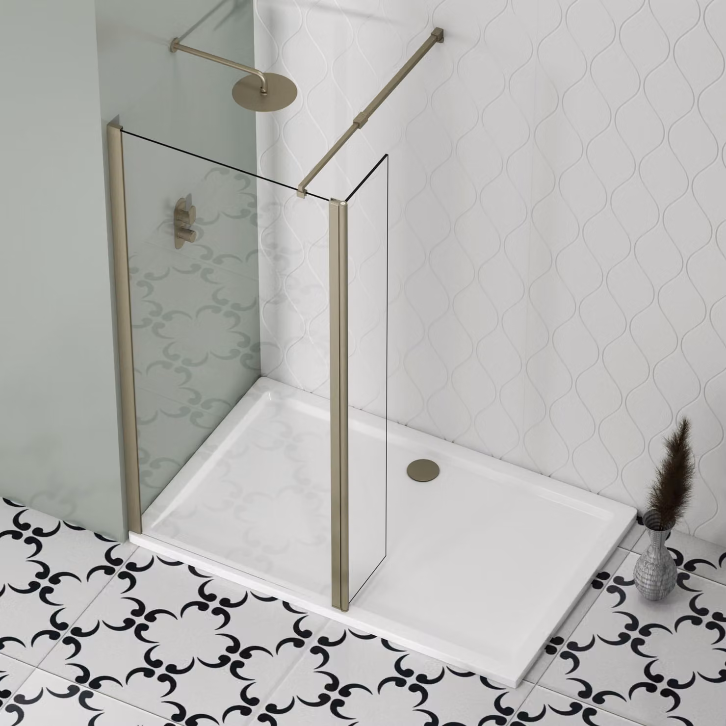 Royal Bathrooms Marbella 300mm Brushed Nickel Wet Room Flipper Panel Shower Screen with 8mm Clear Easy Clean Glass