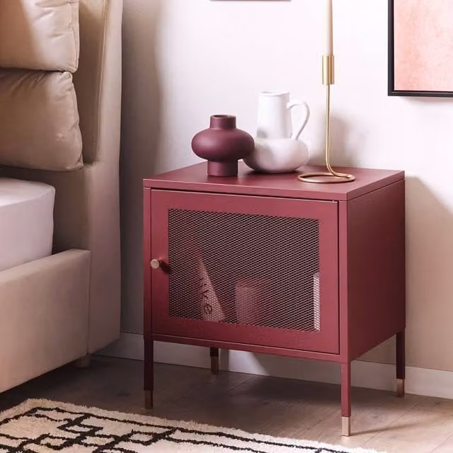 Wyld and Coco Red Metal Bedside Table with Mesh Door