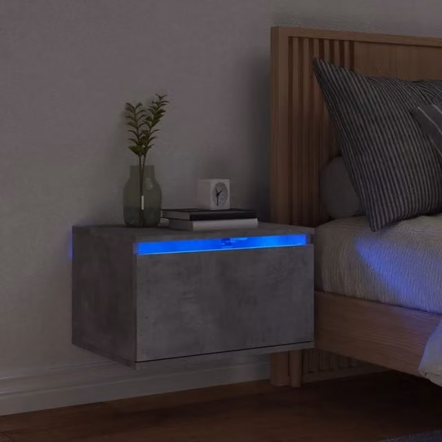 Berkfield Home Wall-mounted Bedside Cabinet with Integrated LED Lights in Grey Concrete Effect – 1
