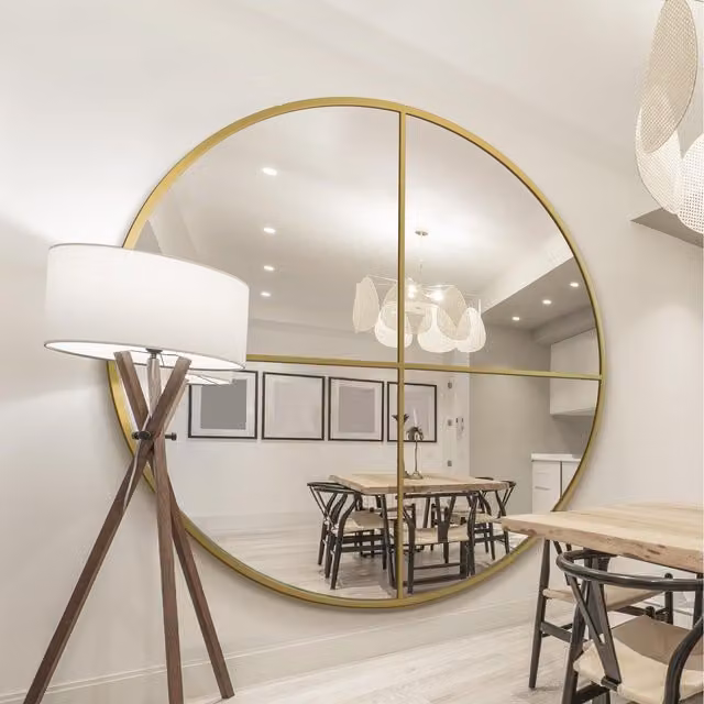 MirrorOutlet The Fenestra Modern Round Hanging Metal and Glass Mirror in Gold