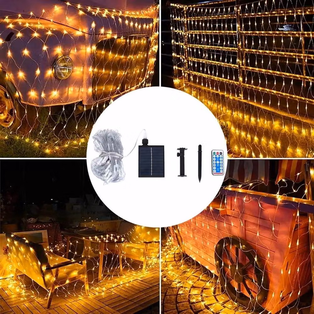 FLAVORA Solar LED Multicolour Warm White Mesh Curtain Fairy String Lights with Timer – 2