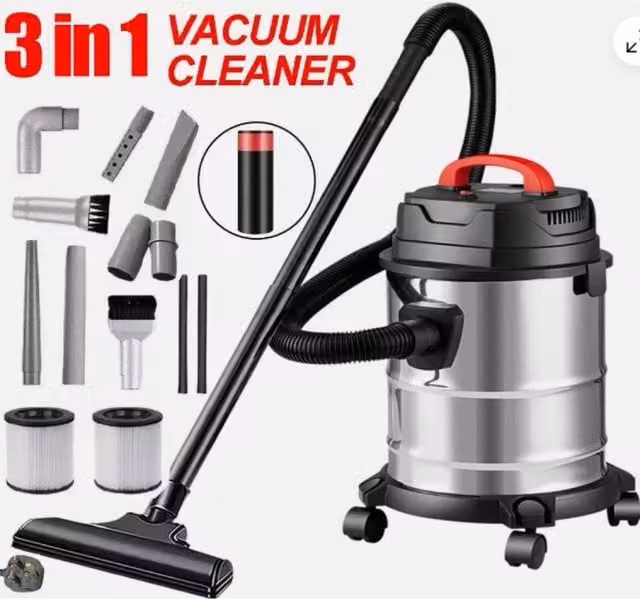 PAWNORA Heavy Duty 1500W Wet and Dry Vacuum Cleaner with Blow Function and Pet Hair Capability in Silver Stainless Steel