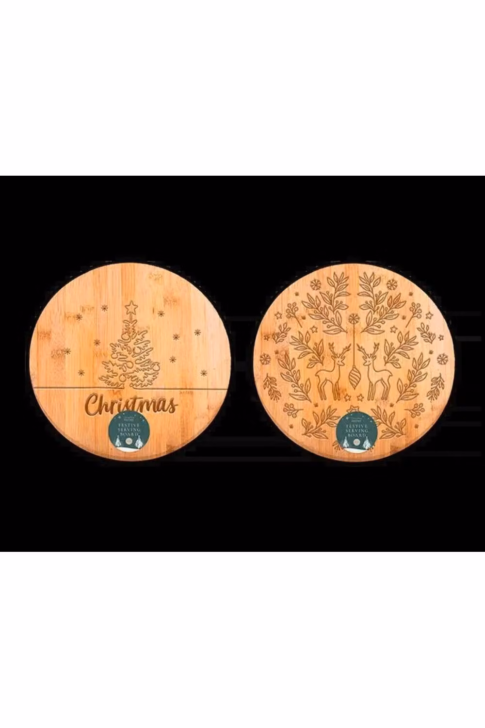 KDMD Festive Round Bamboo Serving Board, 2 Pack, Assorted Designs, Brown, Diameter: 30 cm – 2