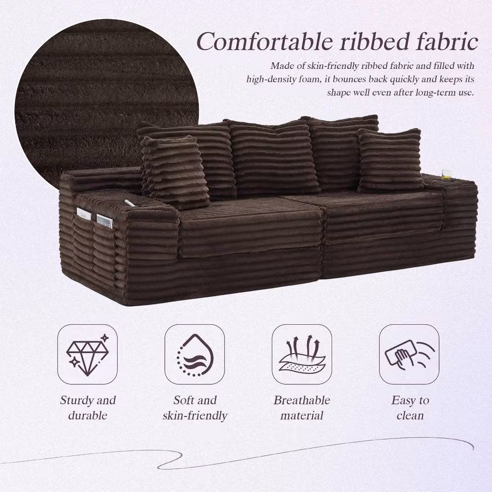 Rolipo Brown Corduroy Convertible Sleeper Sofa with Cup Holders and Storage Pockets, W/D/H: 140 x 190 cm – 4