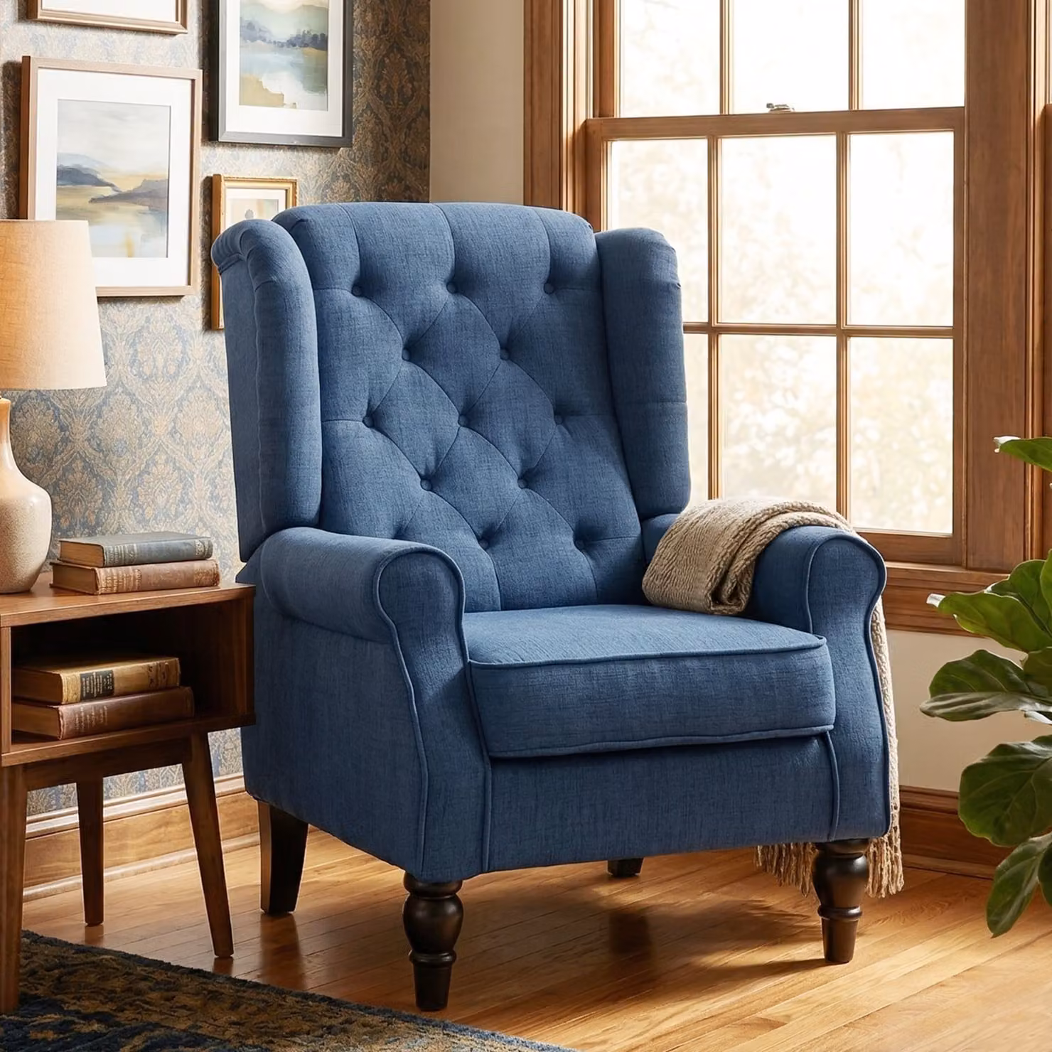 HOMCOM Retro Blue Fabric Wingback Accent Armchair with Solid Wood Frame and Button Tufting – 6