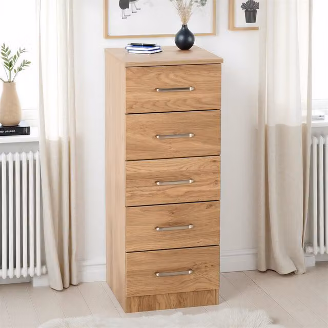 Seconique Dakota 5 Drawer Narrow Chest in Oak Effect Brown