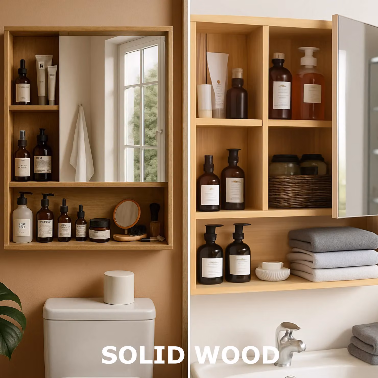 FURNOS Bamboo Wooden Wall Mounted Bathroom and Kitchen Storage Cabinet with Mirror and Soft Close Hinged Doors in Brown – 8
