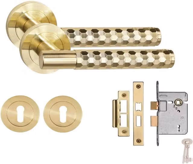 Golden Grace Brass Knurled Hex Cut T-Bar Bathroom Door Handle Set with Thumbturn and Mortise Lock in Gold and Bronze