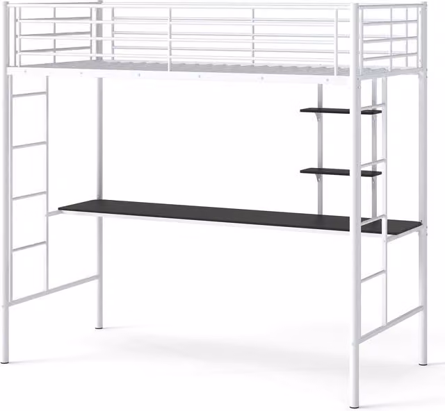 COSTWAY Modern White Metal Single Loft Bed with Side Compartments, W/D/H: 90 x 200 x 220 cm